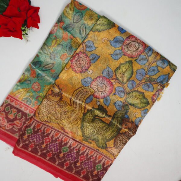 Tissue Pattu Kalamkari With Pocham Palli Border Sarees-MB774