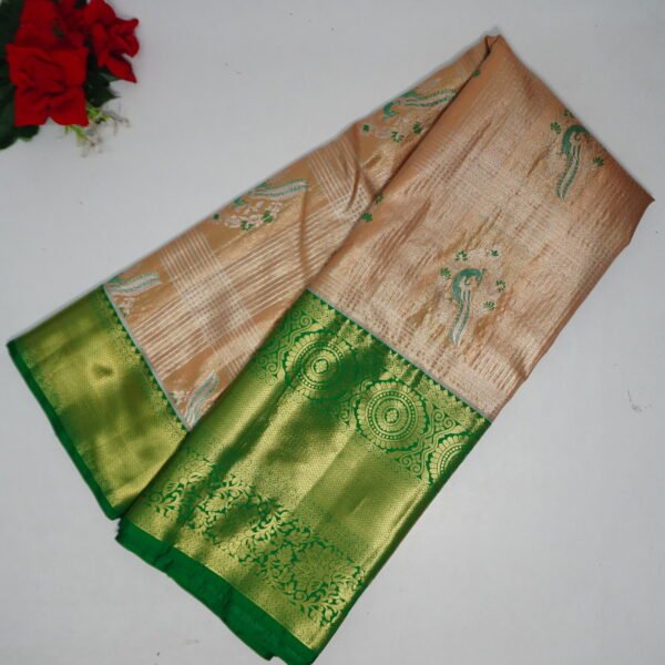 Bridal Light Waight Tissue Kanchi Pattu -P01(Cream To Parrot Green)