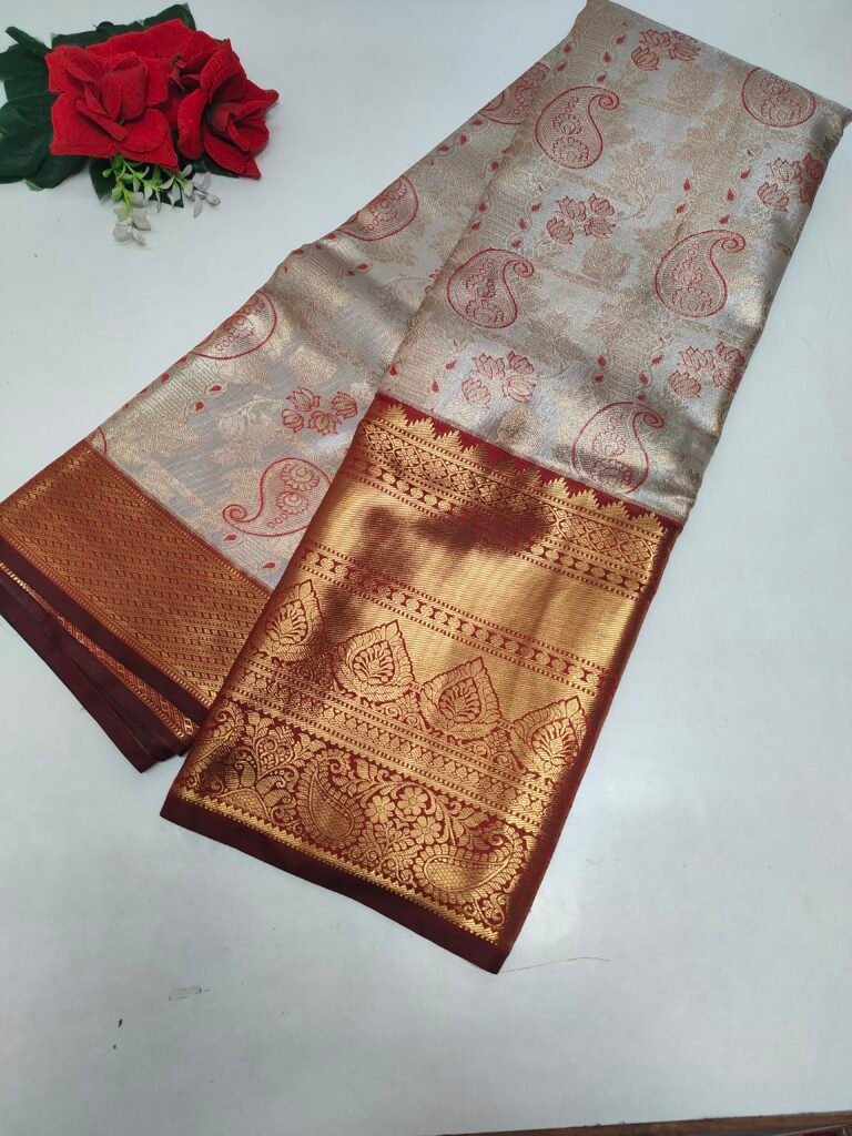 Bridal Light Waight Tissue Kanchi Pattu -P14(Silver To Marron Red)